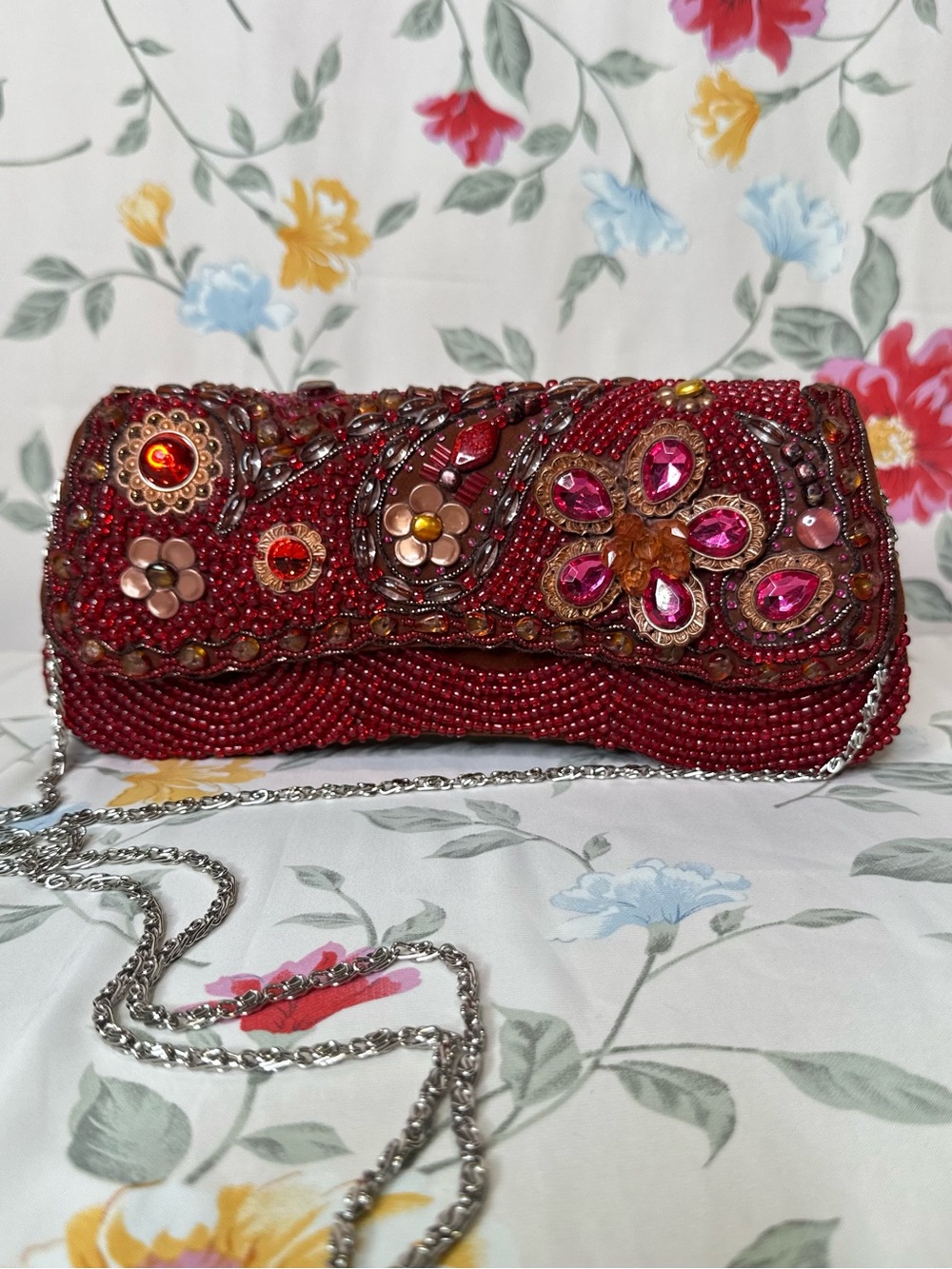 ELEGANT Beaded Floral Embellished Evening Clutch Red / Brown | Like New